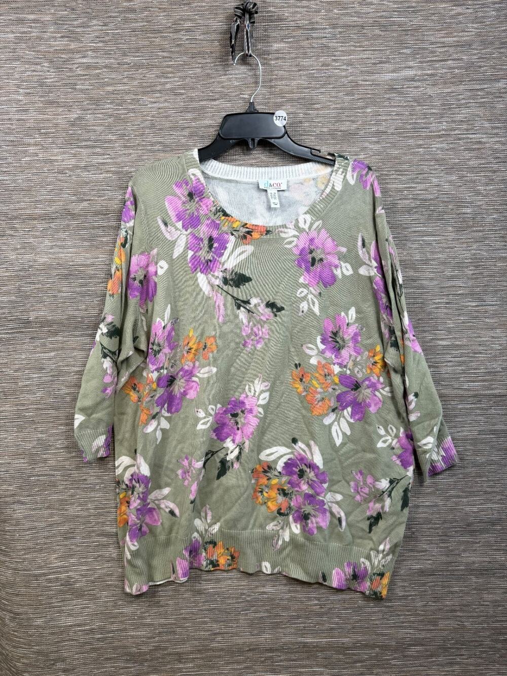 Denim & Co. Printed Round Neck 3/4-Sleeve Sweater Womens Size 2X Floral Gray NEW